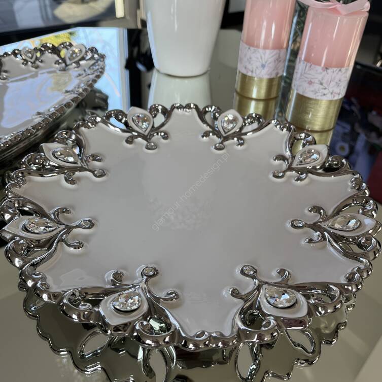 Patera biało srebrna kryształki 33 cm