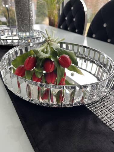Taca lustrzana 29 cm srebrna kryształki 