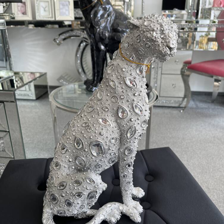 Figurka lampart srebrny kryształki 36 cm
