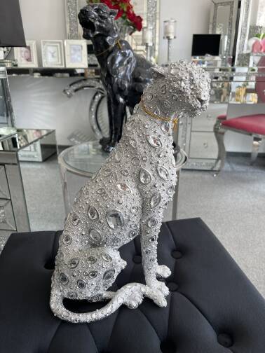 Figurka lampart srebrny kryształki 36 cm